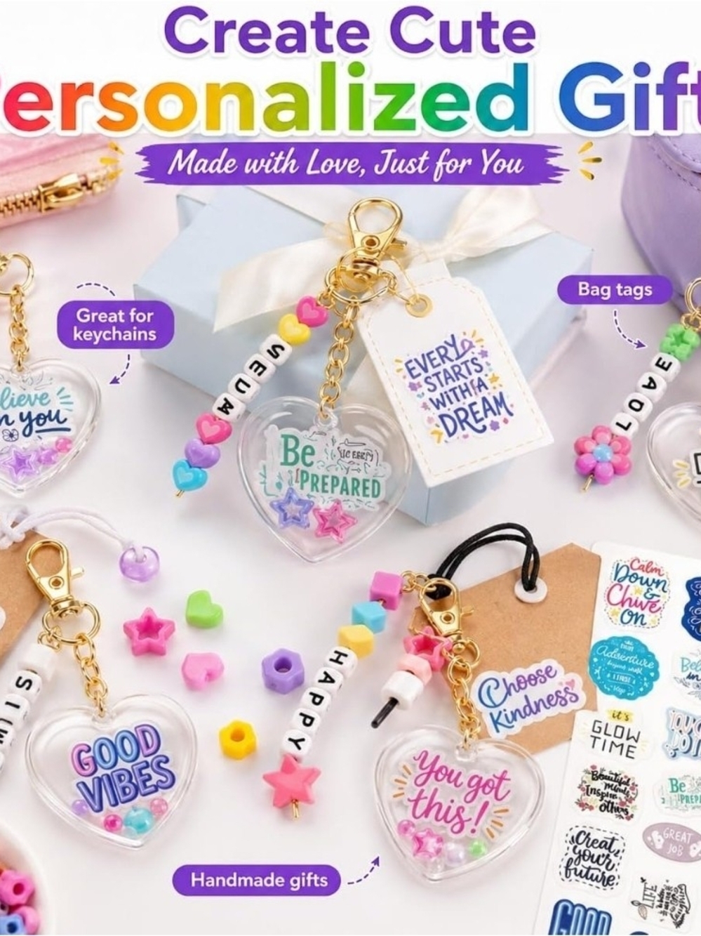 Personalized Heart Keychain Charm Kit - Pink Beaded Kids Accessory